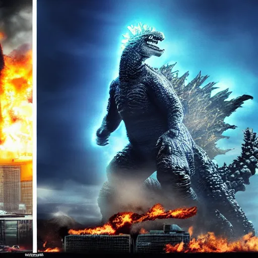 Prompt: obama versus godzilla in a parking lot, movie poster, facing each other, side angle, imax, highly detailed, photorealism