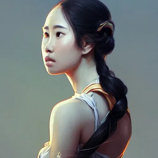 Image similar to asian sun goddess wearing modern clothing, sundress, ponytails, slice of life, modern instagram influencer, highly detailed, digital painting, artstation, concept art, sharp focus, illustration, cinematic lighting, art by artgerm and greg rutkowski and alphonse mucha