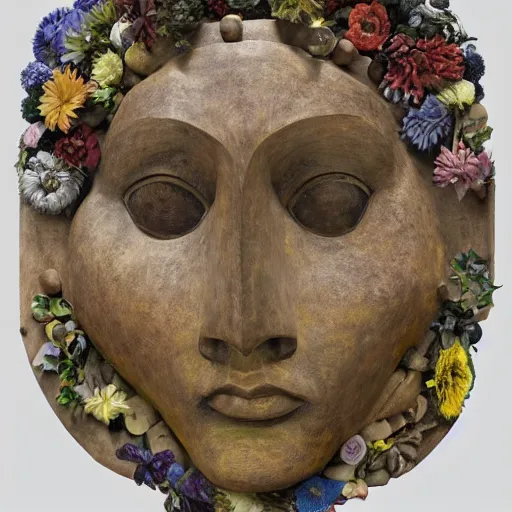 Image similar to sculpture of facemask made of flowers, by annie swynnerton and jean delville and edward hopper and evelyn de morgan and rufino tamayo and diego rivera, art deco flower shaman, art brut, outsider art, symbolist, dramatic lighting, god rays, elaborate geometric ornament, clean crisp graphics, smooth sharp focus, extremely detailed, adolf wolfli