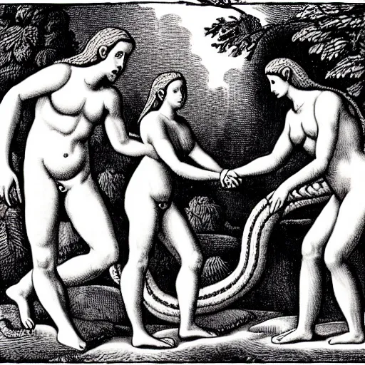 Image similar to depiction of adam and eve shaking hands with an anthromorphic snake