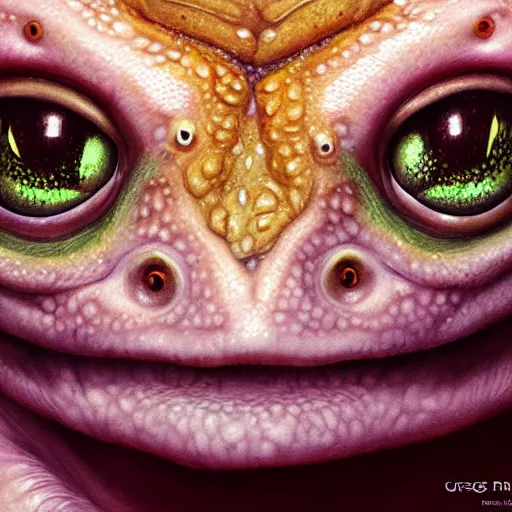 Prompt: close up portrait of a female frog princess, hyper detailed, by greg rutkowski, in the style of magic the gathering