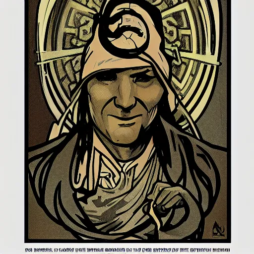 Image similar to cubicle man in the style of alphonse mucha