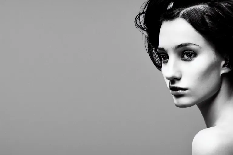 Prompt: black and white portrait photo of beautiful young female model with black hair pinned up, symmetric face, symmetric eyes, slight smile, natural light, low contrast, photo by Peter Lindbergh, 8K