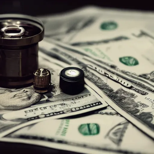 Prompt: a bundle of cash on a table next to a bullet casing and a pistol, 8k, film still, cinematic, dark