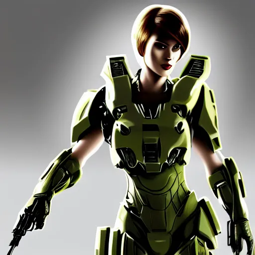 Image similar to A combination of Ada Wong's and Grace Kelly's and Ashley Greene's appearances with blonde hair wearing Master Chief's armor from Halo, high tech, action shot, angular, full body portrait, futuristic, dramatic, fantasy, intricate, elegant, highly detailed, digital painting, artstation, concept art, matte, sharp focus, illustration, 8K, art by Donato Giancola and James Gurney