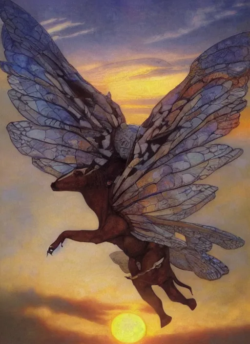 Image similar to fairy cow with wings and magical eyes! sunset by gerald brom, by mikhail vrubel, by peter elson, muted colors, extreme detail, trending on artstation, 8 k