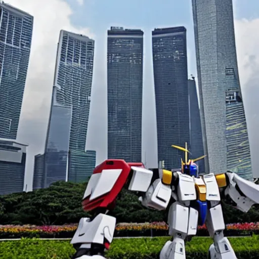 Prompt: gundam robots rising out of the marina bay sands in singapore