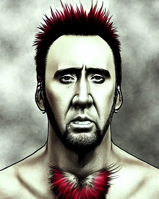 Prompt: nicolas cage with a short red dyed mohawk, red eyes, gauged ears, dressed in crustpunk clothing, headshot, attractive, handsome, in color, no makeup, model, trending on artstation, high quality art, character design, realism