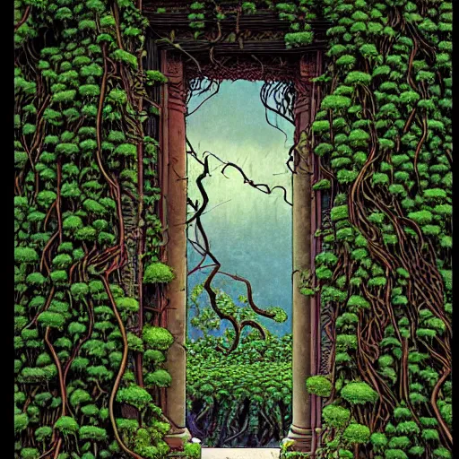 Image similar to Fantasy illustration by Clyde Caldwell Black, thorned ivy covers the walls for thirty feet east of the temple’s doorway. The vines snarl and twist, grasping at the air, as if searching for prey.