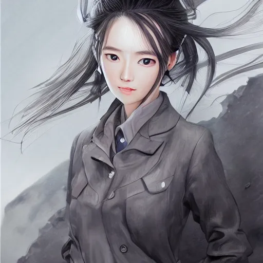 Image similar to dynamic composition, motion, ultra-detailed, incredibly detailed, a lot of details, amazing fine details and brush strokes, colorful and grayish palette, smooth, HD semirealistic anime CG concept art digital painting, watercolor oil painting of a young office lady, by a Chinese artist at ArtStation, by Huang Guangjian, Fenghua Zhong, Ruan Jia, Xin Jin and Wei Chang. Realistic artwork of a Chinese videogame, gradients, gentle an harmonic grayish colors.