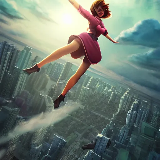 Prompt: spuergirl flying, cityscape, cloud day, artstation, 8 k