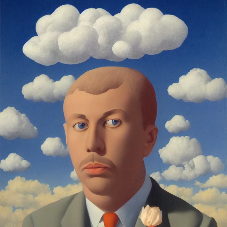 Image similar to portrait of mister cloud by rene magritte, detailed painting, hd, hq, high resolution, high detail, 4 k, 8 k