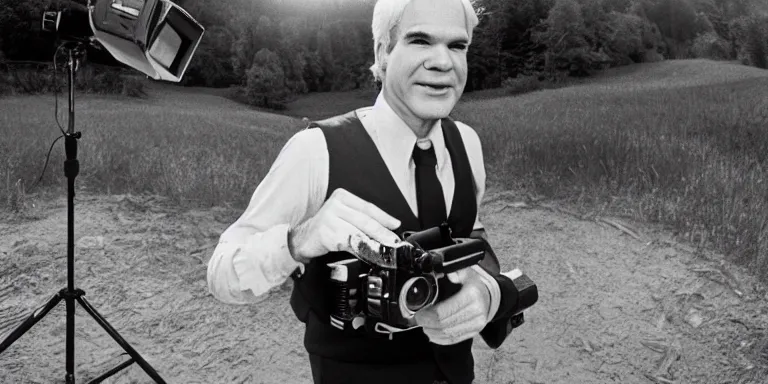 Prompt: Wide angle photoreal Cinematography of a Photorealistic Steve Martin in 1979 shot on a 9.8mm wide angle lens on the set of The Muppet Movie