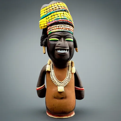 Prompt: burna boy as a tribal chief figurine, detailed product photo,