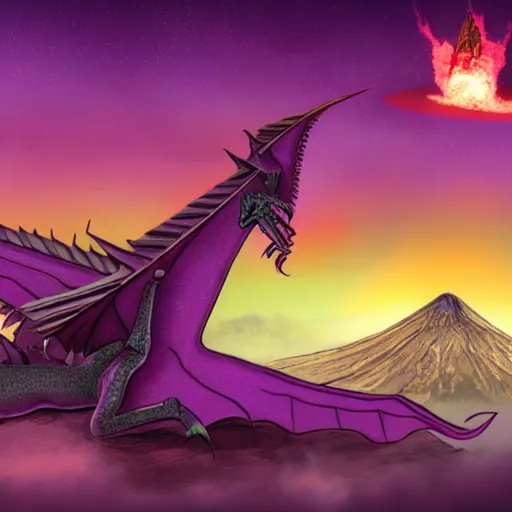 Prompt: a purple dragon fighting a retro spaceship with a volcano in the background, concept art