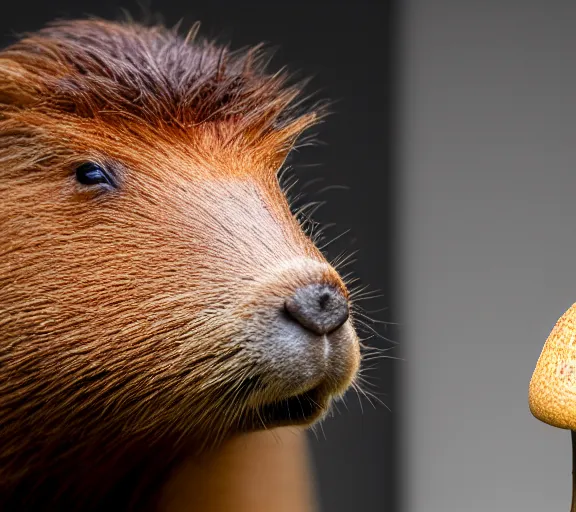 Prompt: a portrait of capybara with a mushroom cap growing on its head by luis royo. intricate. lifelike. soft light. sony a 7 r iv 5 5 mm. cinematic post - processing