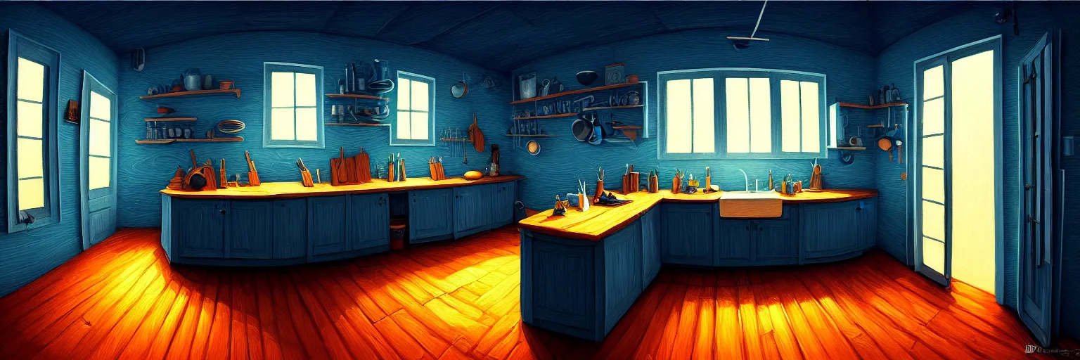 Prompt: fisheye spiral lines, naive, extra narrow, detailed illustration of a nightly kitchen, large floor, dimly lit by rhads, trending artstation, wood texture, dark blue tones