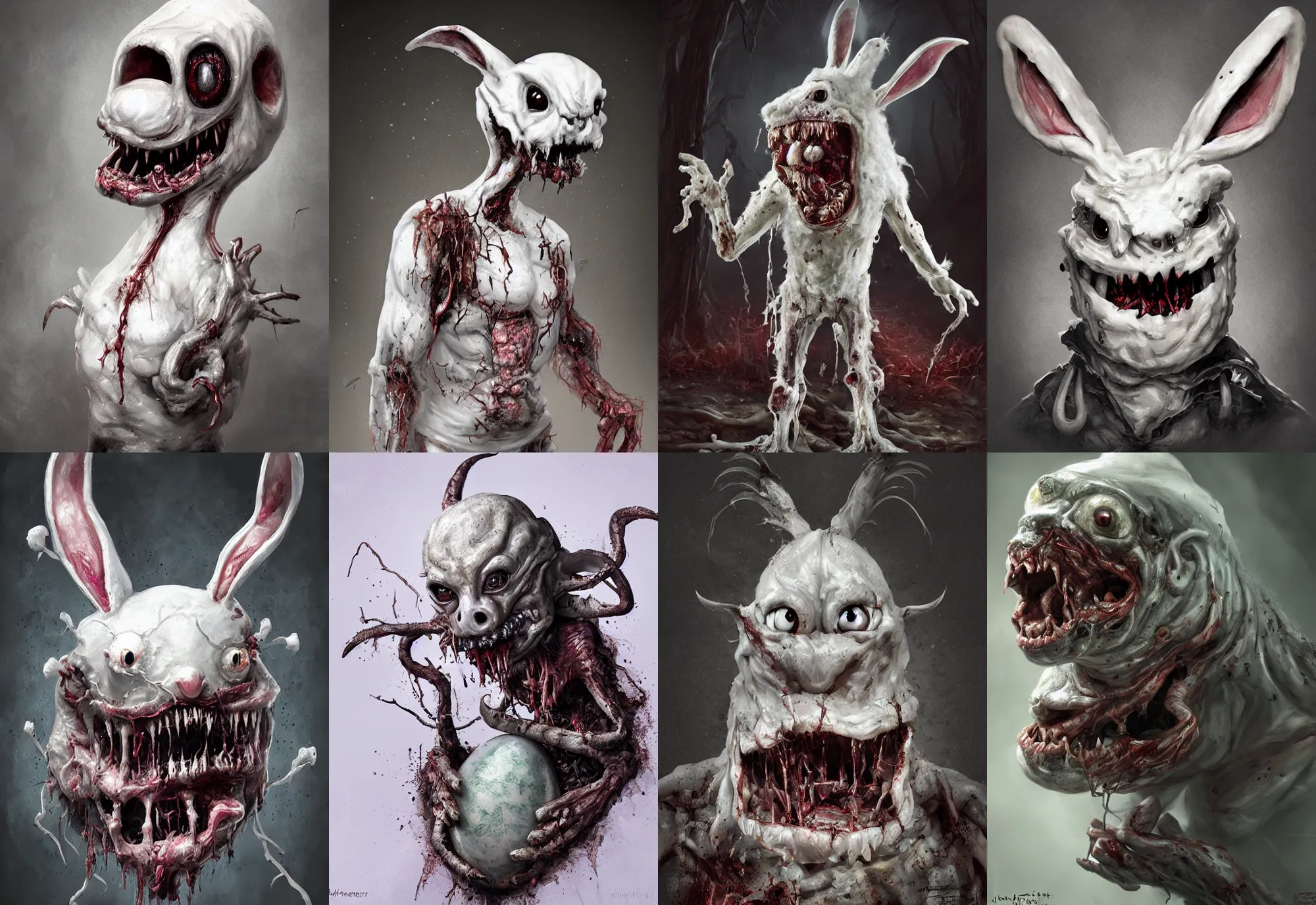 Prompt: a nightmarish slimy monster white easter bunny, with black eyes, rotting flesh, exposed bone, by jerad marantz, concept art, dramatic lighting, highly detailed digital painting