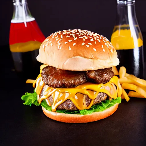 Image similar to stage photography highly detailed studio lighting food photography of a towering triple cheeseburger with melted cheese and fries on the side, stunning quality of scrumptious food