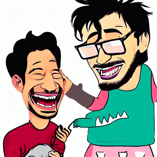 Prompt: a caricature of Markiplier laughing happily as he pets his dog, caricature art style.