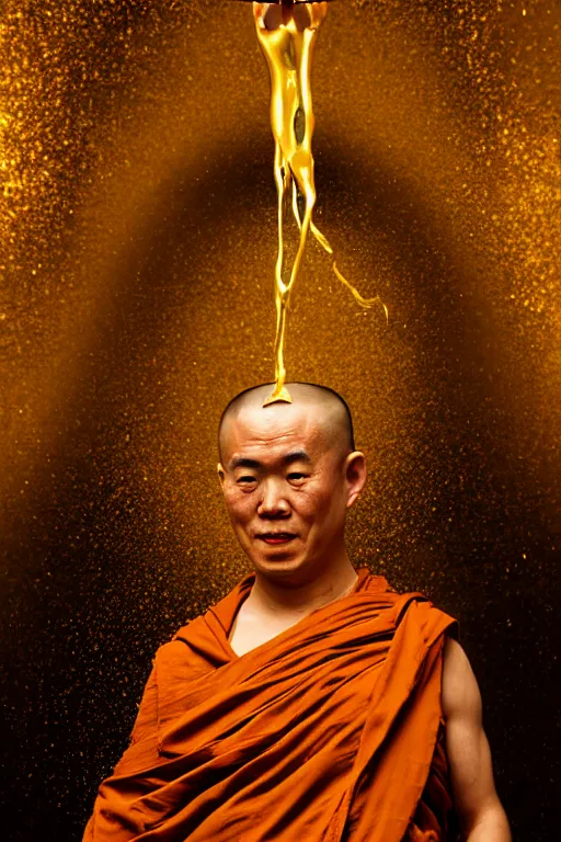Image similar to buddhist monk potrait with liquid gold coming out of in his mounth by stanley kubrick and tooth wu and wlop and beeple