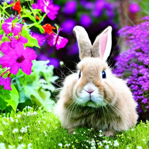 Prompt: a 50mm photo of little, fluffy bunny in the garden, wearing funny hat, digital art