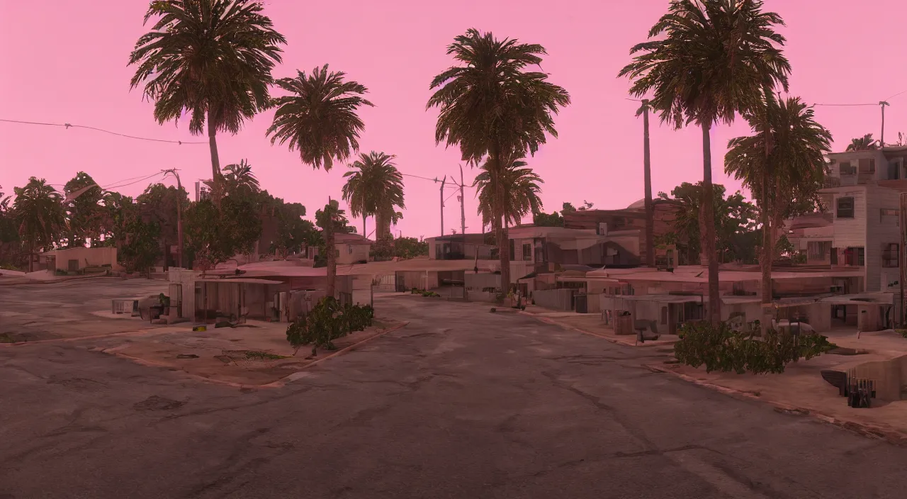 Prompt: gta san andreas evening, pink sky, photorealistic, hyper detailed, hyper realistic, houdini, vfx, unreal engine 5, octane render, 8 k