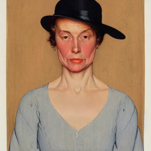 Prompt: frontal portrait of a woman with a hat that covers her eyes, by norman rockwell