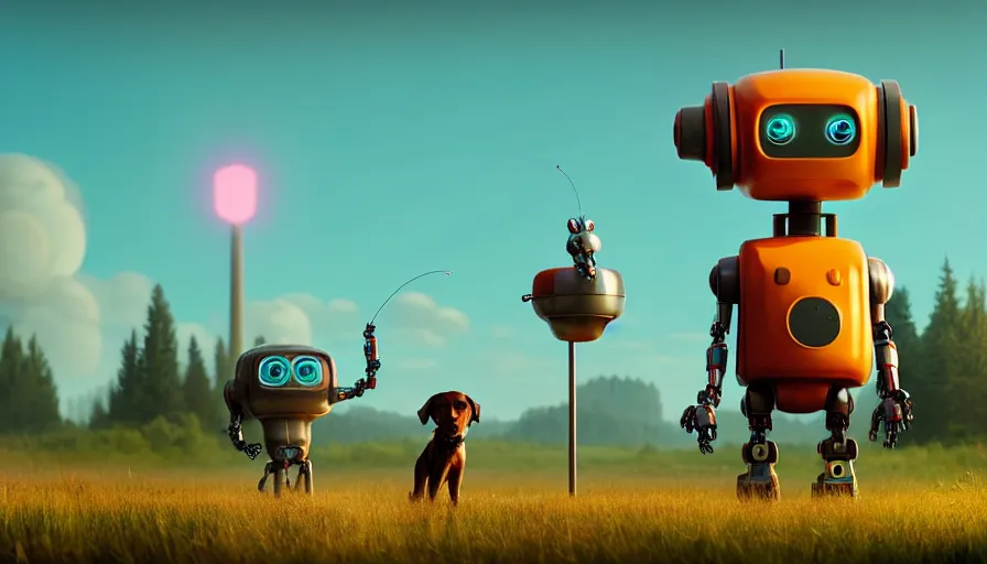 Image similar to tall cute robot with his best dog friend, by Simon Stalenhag, unreal engine, octane render, 8k, rule of thirds