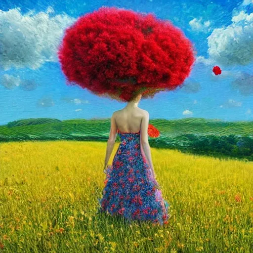 Image similar to giant red flower afro, full body, girl walking in the middle of a field with flowers, surreal photography, hills, sunrise dramatic light, impressionist painting, colorful clouds, digital painting, pointillism, artstation, simon stalenhag