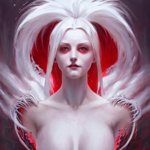 Image similar to ultra realistic illustration, dream humanoid demon girl with white hair, red horns, in white clothes, red eyes, intricate, elegant, highly detailed, digital painting, artstation, concept art, smooth, sharp focus, illustration, art by artgerm and greg rutkowski and alphonse mucha