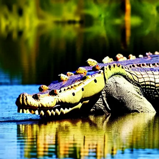 Image similar to Full body photo of a crocodile with feathers