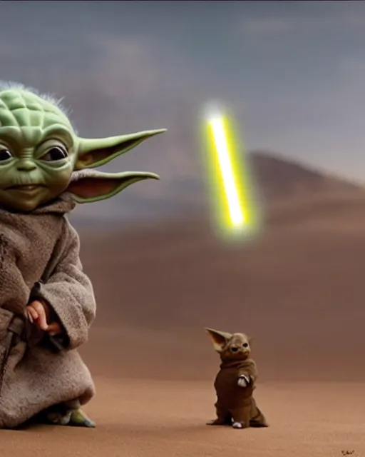 Prompt: baby yoda holding a tiny glowing lightsaber, rides an armored corgi dog, hyperreal, sand people, star wars filmed in the style of cinematographer gilbert taylor