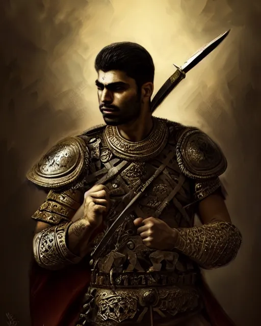 Image similar to portrait of a Persian Prince fighting at war, warrior, brutal battle, handsome prince, shaved face, without beard, attractive young man, shaved face, heroic pose, dramatic lighting, dark and horror, action and tragedy, dust and blood, intricate, wild, highly detailed, digital painting, artstation, concept art, smooth, sharp focus, illustration, art by artgerm and greg rutkowski and alphonse mucha, footage from space camera