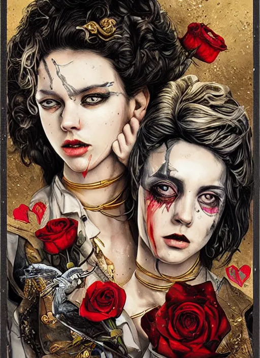 Image similar to tarot card :: horror :: hearts and roses :: gold and silver :: guns and swords :: Sandra Chevrier and bastien lecouffe deharme