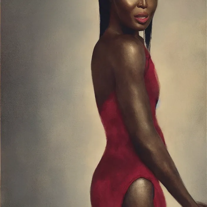 Prompt: Naomi Campbell by Lynette Yiadom-Boakye. details, smooth, sharp focus, illustration, realistic, cinematic, artstation, award winning, rgb , unreal engine, octane render, cinematic light, macro, depth of field, blur, red light and clouds from the back, highly detailed epic cinematic concept art CG render made in Maya, Blender and Photoshop, octane render, excellent composition, dynamic dramatic cinematic lighting, aesthetic, very inspirational, arthouse.