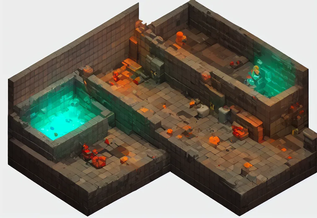 Image similar to isometric magicavoxel bath house death trash cinematic lighting, 4k