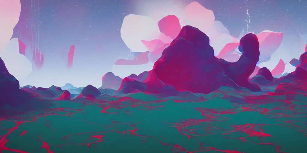 Image similar to abstract 3d landscape painting at noon by james jean and painted in no mans sky style, redshift, octane