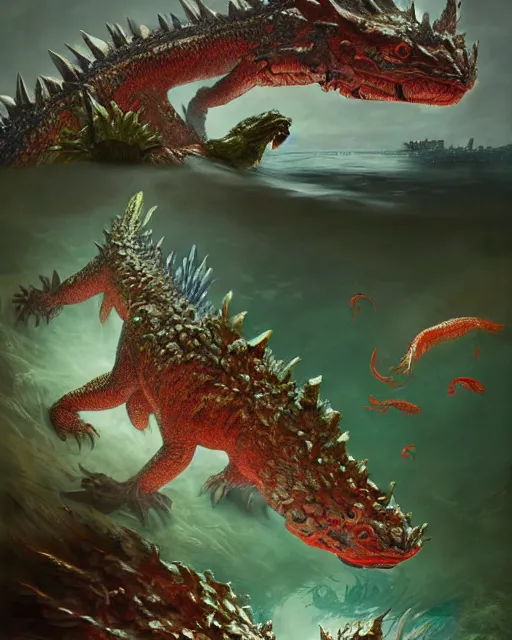 Image similar to Godzilla-like beautiful giant kaiju sized pond dragon half fish half salamander, wet amphibious skin, red salamander, axolotl creature, koi pond, korean village by Ruan Jia and Gil Elvgren, fullbody