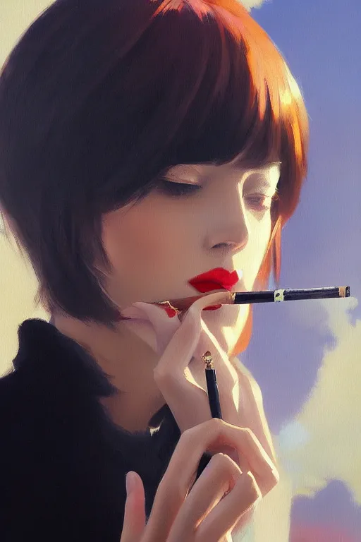 Image similar to A ultradetailed beautiful panting of a stylish woman smoking a cigarette, Oil painting, by Ilya Kuvshinov, Greg Rutkowski and Makoto Shinkai