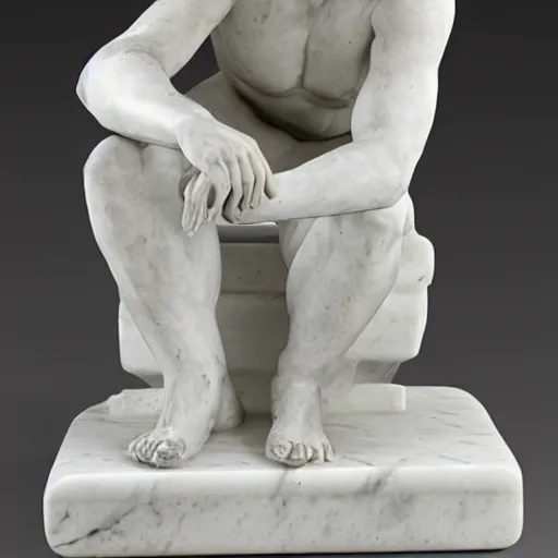 Prompt: a marble statue frustrated with a laptop