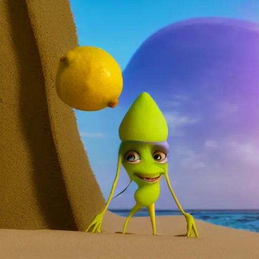 Image similar to 3 d octane render, of a hot anthropomorphic lemon female character inspired by the movie monsters inc, with lemon skin texture, she is wearing a hat, building a sandcastle on the beach at sunset, beach, huge waves, sun, clouds, long violet and green trees, rim light, cinematic photography, professional, sand, sandcastle, volumetric lightening