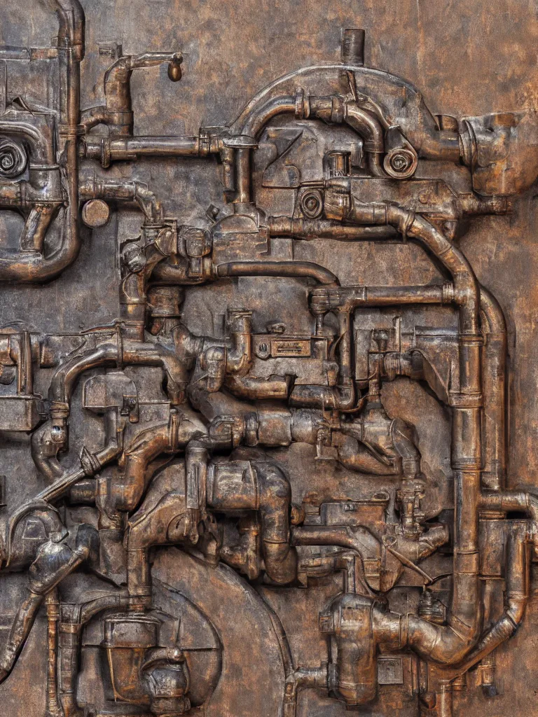 Image similar to relief sculpture carving in rusted steel of machine guns, industrial leaky pipes, valves, steam, dramatic lighting, hyperrealistic, ultrarealistic, intricate details, 4k