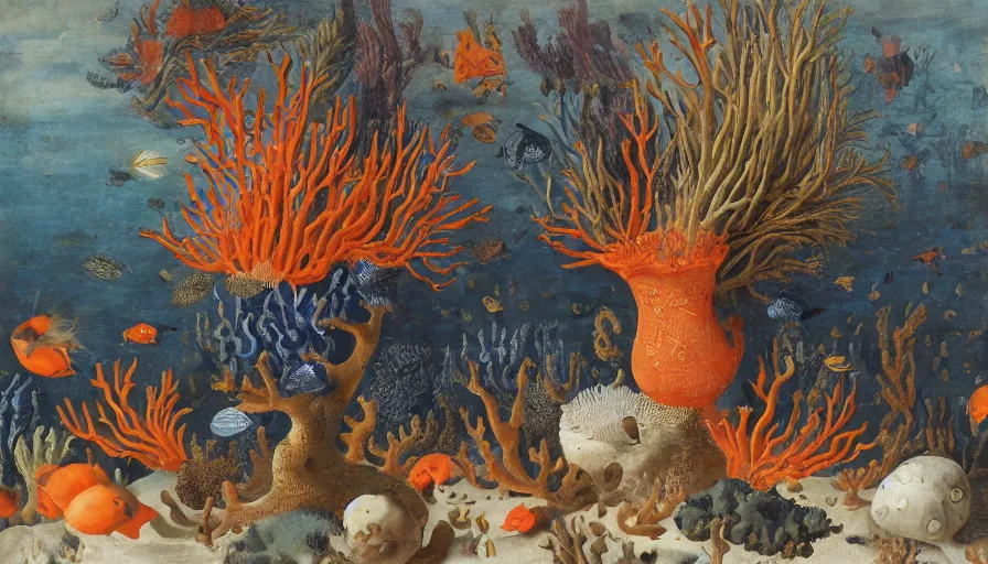 Prompt: bottle vase of coral under the sea decorated with a dense field of stylized scrolls that have opaque outlines enclosing mottled blue washes, with orange shells and purple fishes, Ambrosius Bosschaert the Elder, oil on canvas, hyperrealism, around the edges of there are no objects