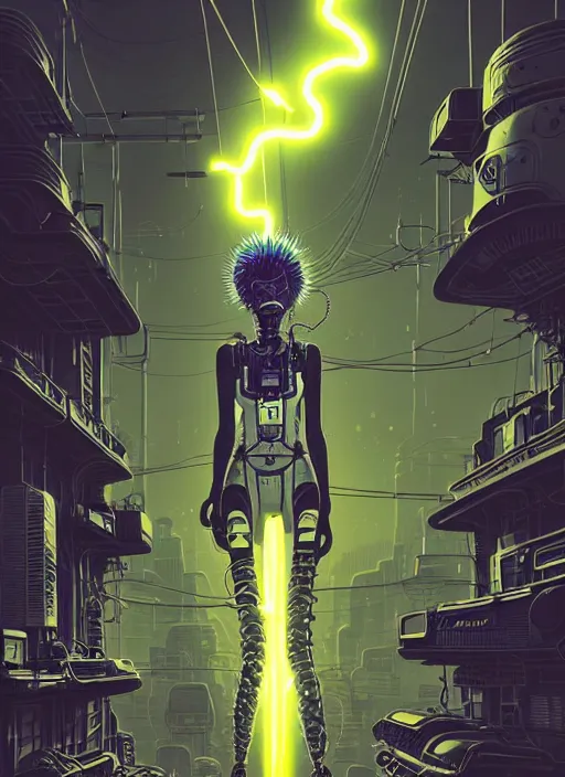 Image similar to highly detailed portrait of wasteland punk long curly neon white plasma electricity hair tribal lady, stray electric spark wiring by atey ghailan, james gilleard, by joe fenton, by greg rutkowski, by greg tocchini, by kaethe butcher, 4 k resolution, gradient yellow, black and white color scheme!!! ( ( lightning cloudy robotic dystopian city background ) )