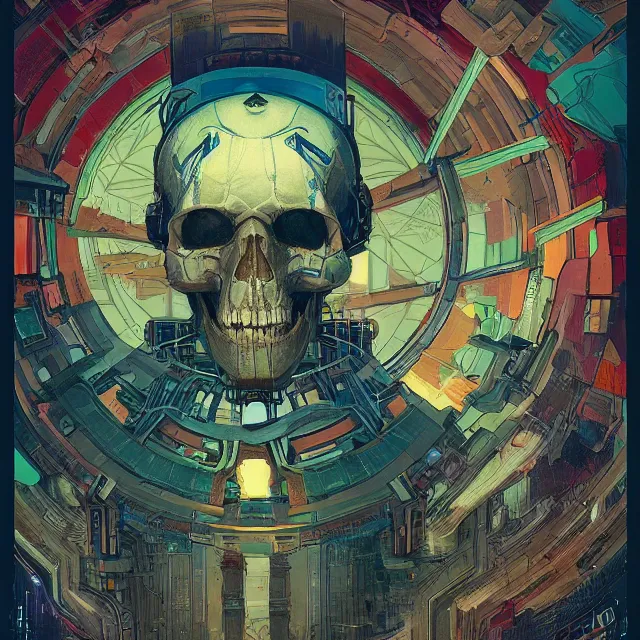 Image similar to a beautiful painting of a ( ( cyberpunk ) ) skull by simon stalenhag and pascal blanche and alphonse mucha! and nekro!. in style of digital art. colorful comic, film noirs!, symmetry, hyper detailed. octane render. trending on artstation