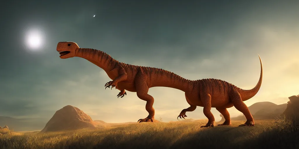 Prompt: A dinosaur looking up the sky, seeing the meteor, cinematic light, DAZ, digital art, 4k