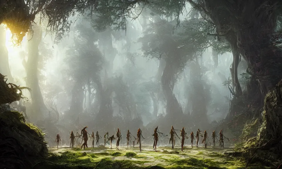 Prompt: A fantasy matte painting of a group of adventurers walking composed by a female archer elf through a forest of crystal trees, high detail, Miguel Iglesias, Greg Rutkowski, James Daly, ArtStation, Deviantart, Unreal Engine