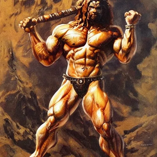 Image similar to muscular lion as barbarian hunter full body ,human legs ,very textured detailed oil painting by Frank Frazetta