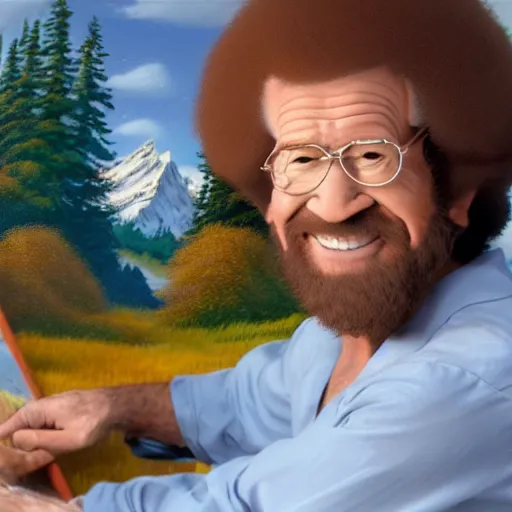 Image similar to a closeup photorealistic photograph of bob ross working on a canvas painting of mickey mouse. film still. brightly lit scene. mountains and trees. this 4 k hd image is trending on artstation, featured on behance, well - rendered, extra crisp, features intricate detail, epic composition and the style of unreal engine.